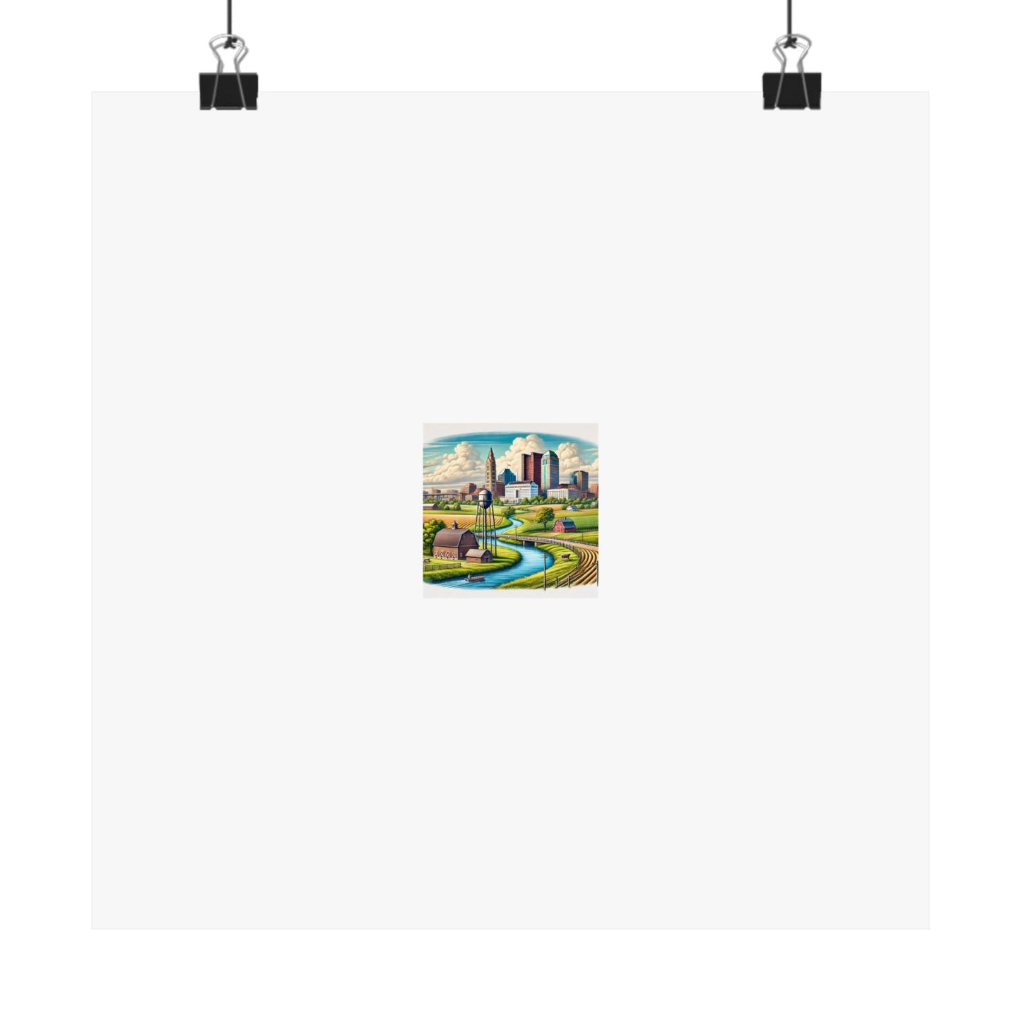 Rural River City Skyline Hometown Landscape Poster Art