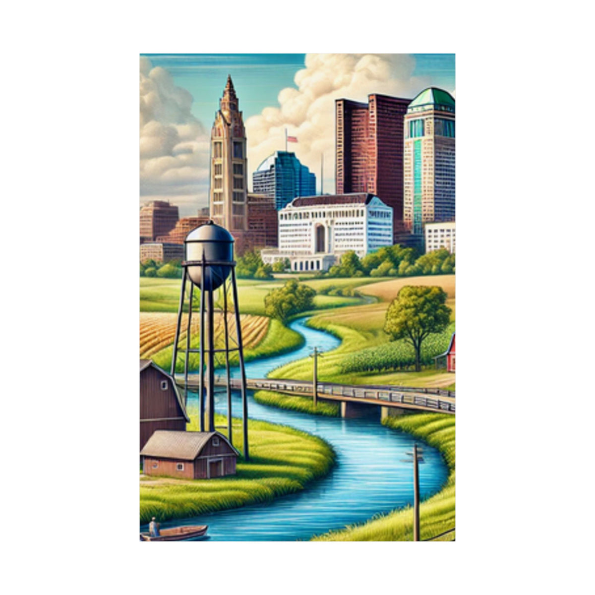Rural River City Skyline Hometown Landscape Poster Art