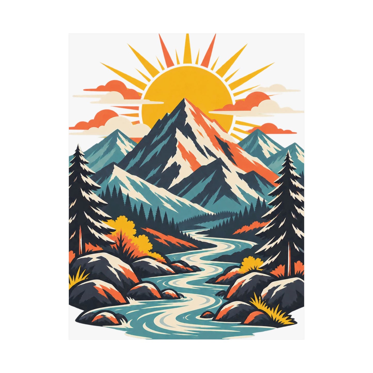 Alpine Sunrise River Mountain Adventure Art Poster
