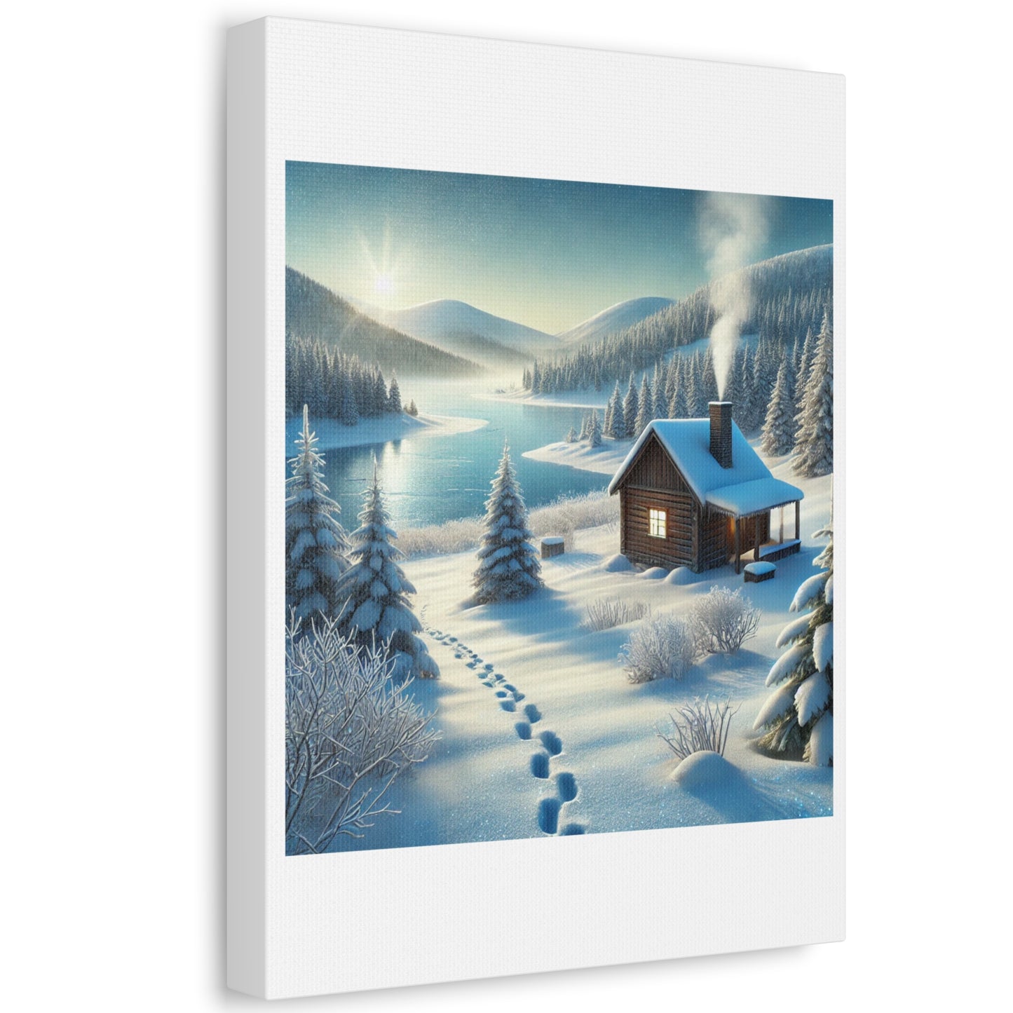Snowy Cabin Winter Lake Landscape Art Canvas
