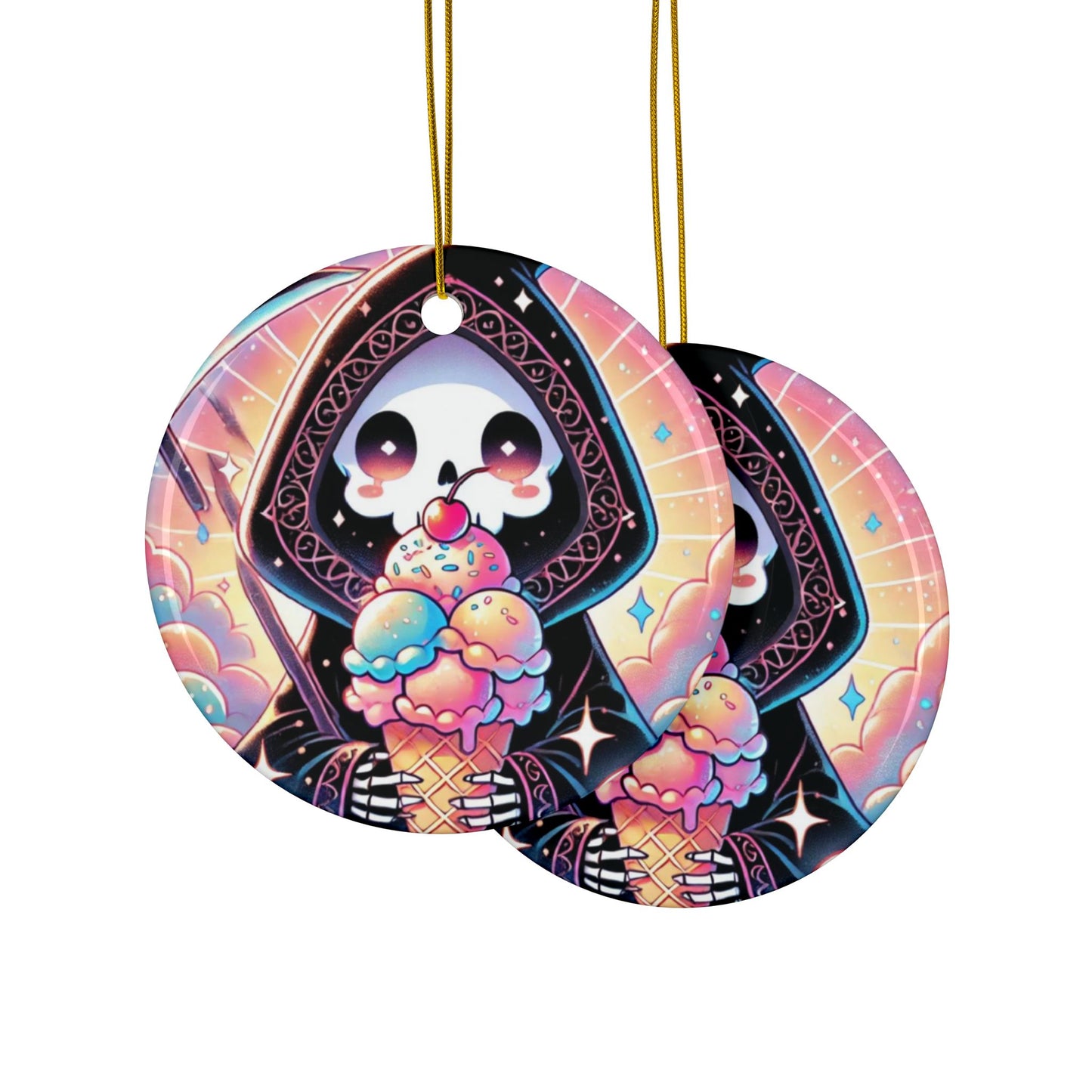 Cute Grim Reaper Ice Cream Pastel Novelty Art Ceramic Ornament, Holiday Keepsake