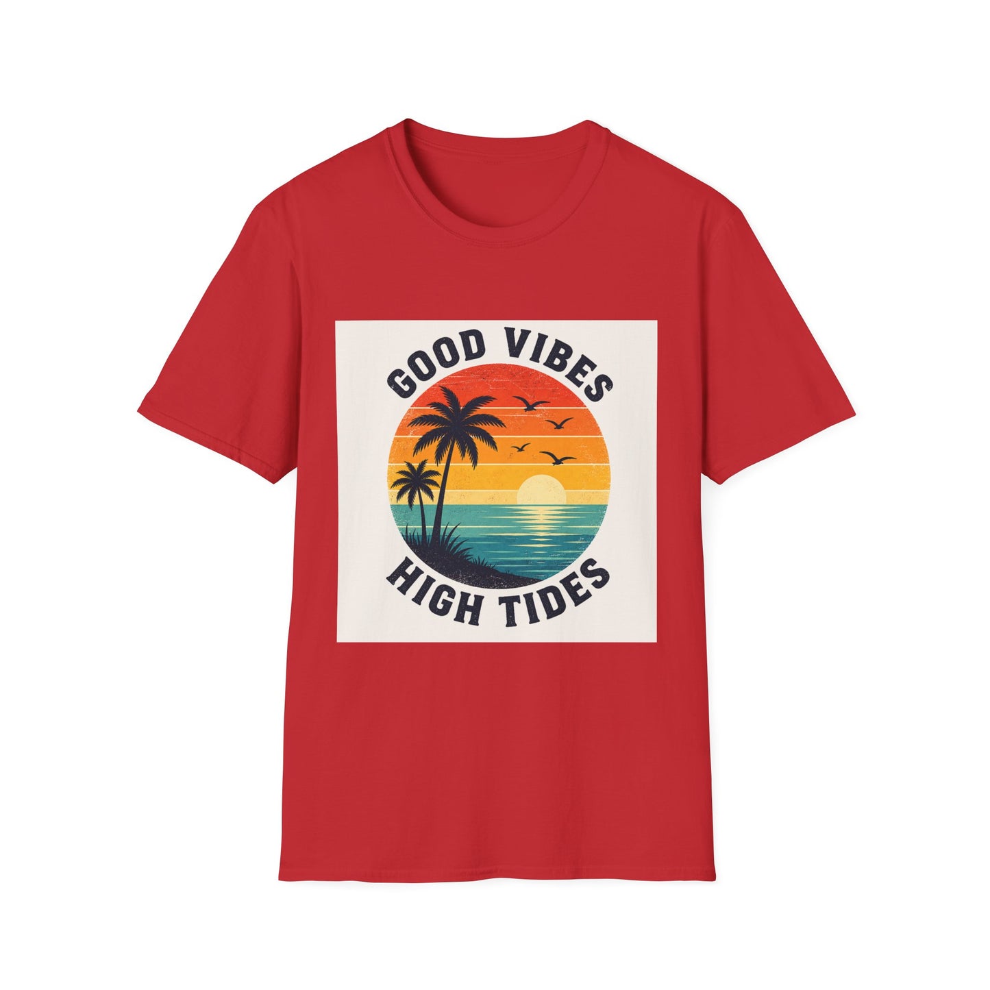 Good Vibes High Tides T-Shirt | Retro Sunset Palm Beach Design