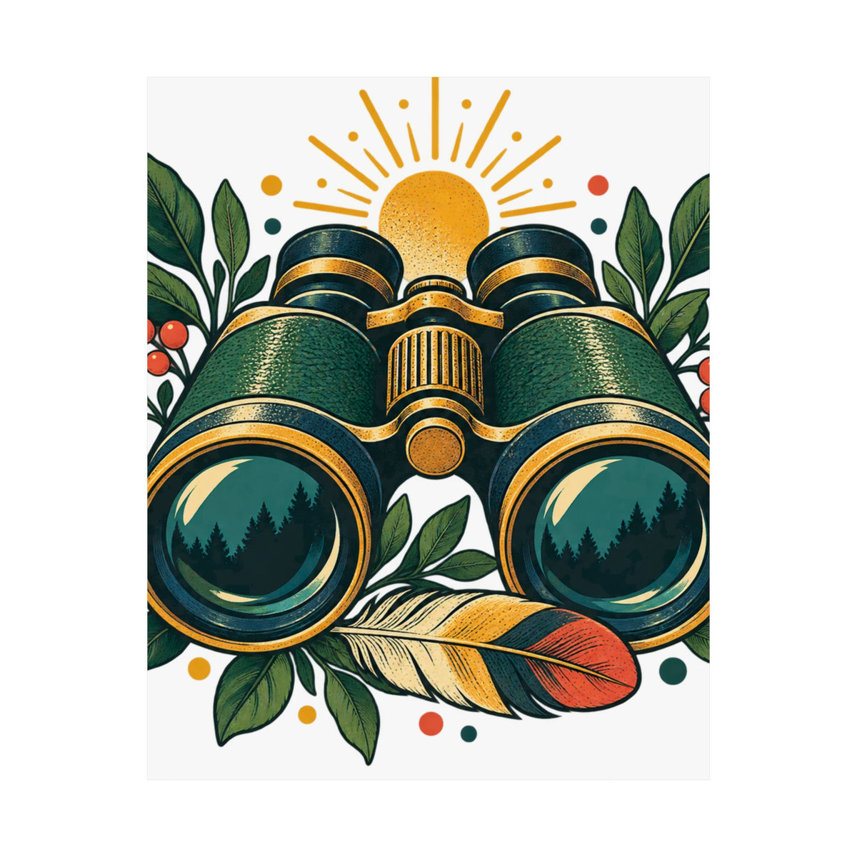 Retro Binoculars and Botanical Birdwatching Art Poster