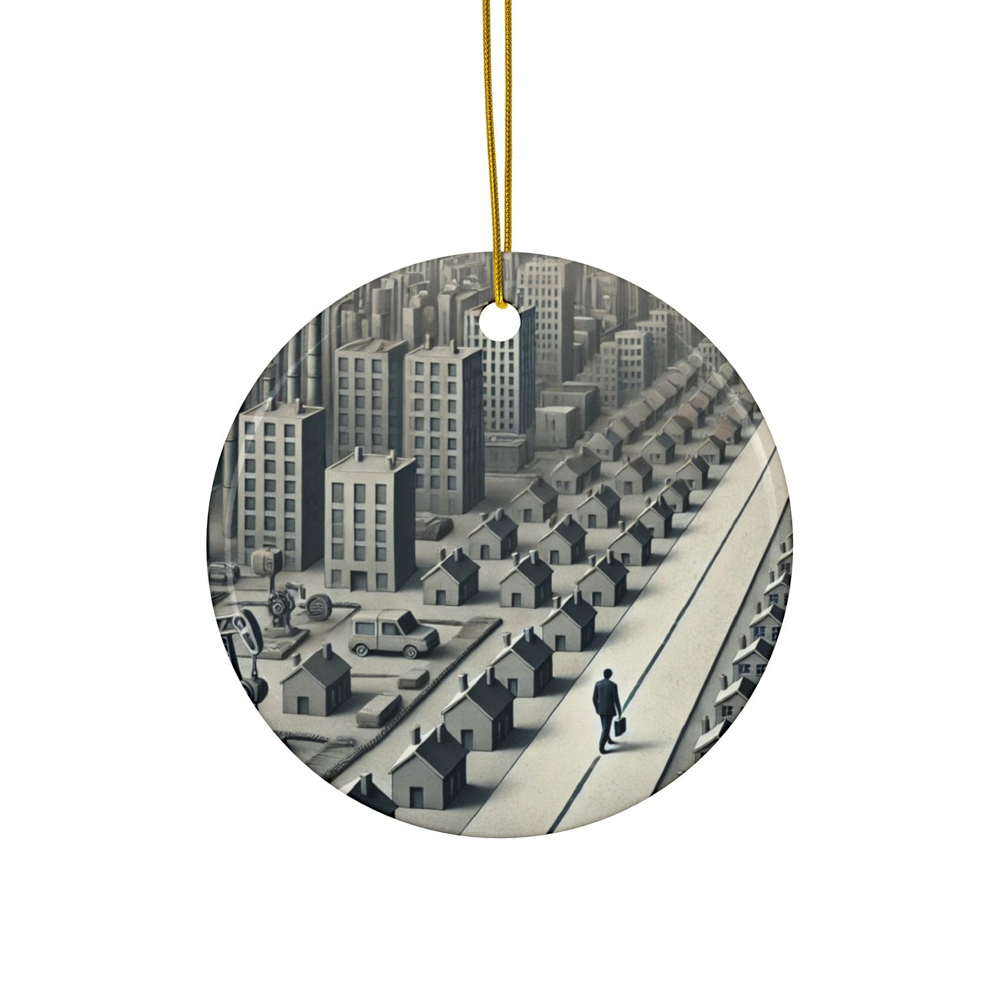 Monochrome Urban Factory Cityscape Ceramic Ornament, Holiday Keepsake and Gift