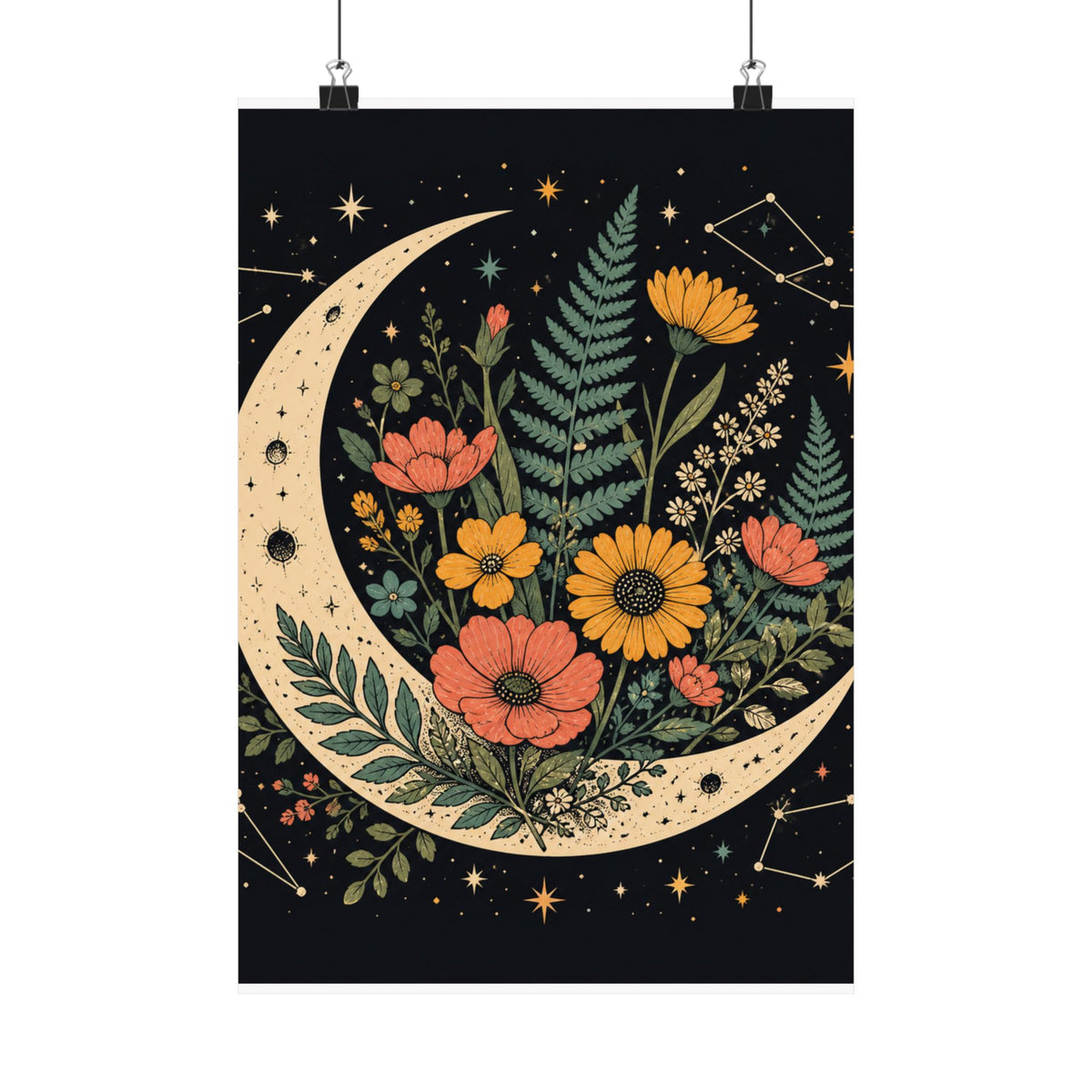 Celestial Wildflower Crescent Moon Botanical Art Poster