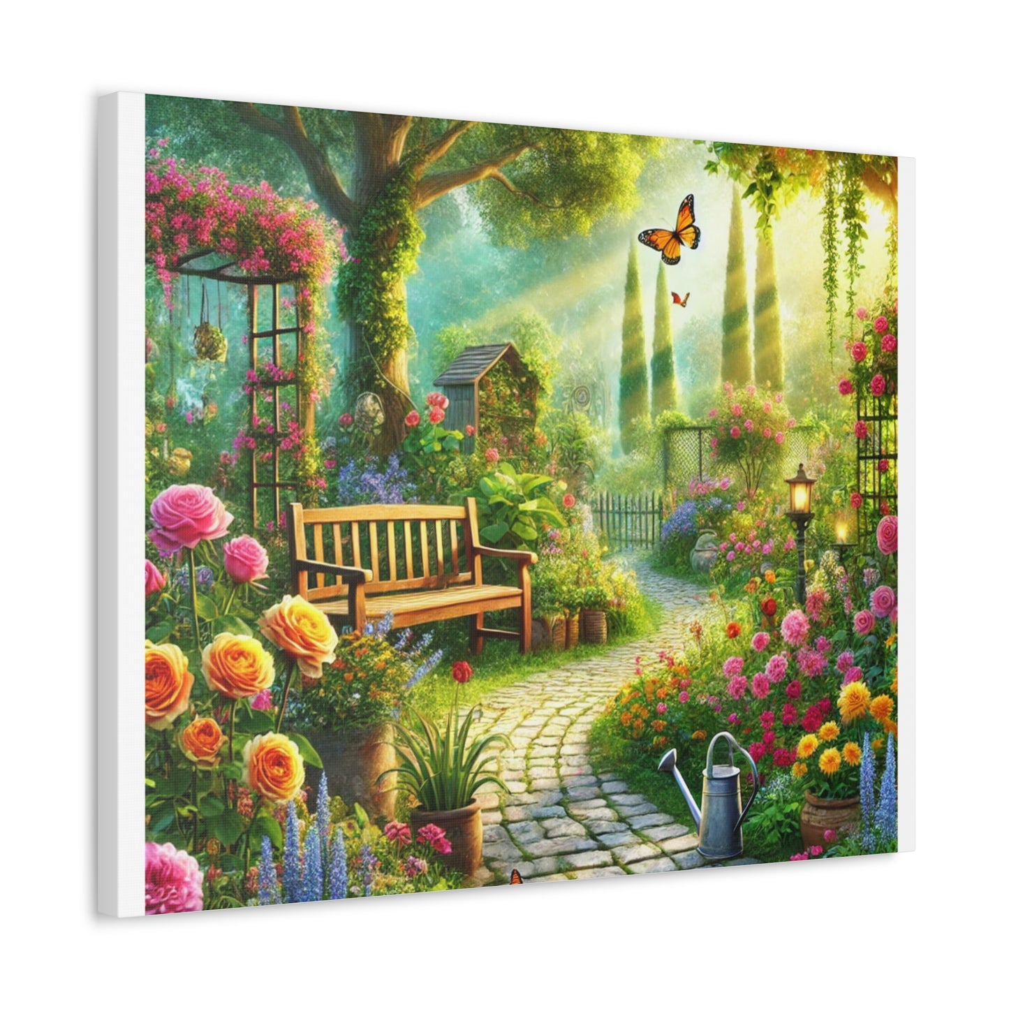 Sunlit Spring Flower Garden Bench Canvas