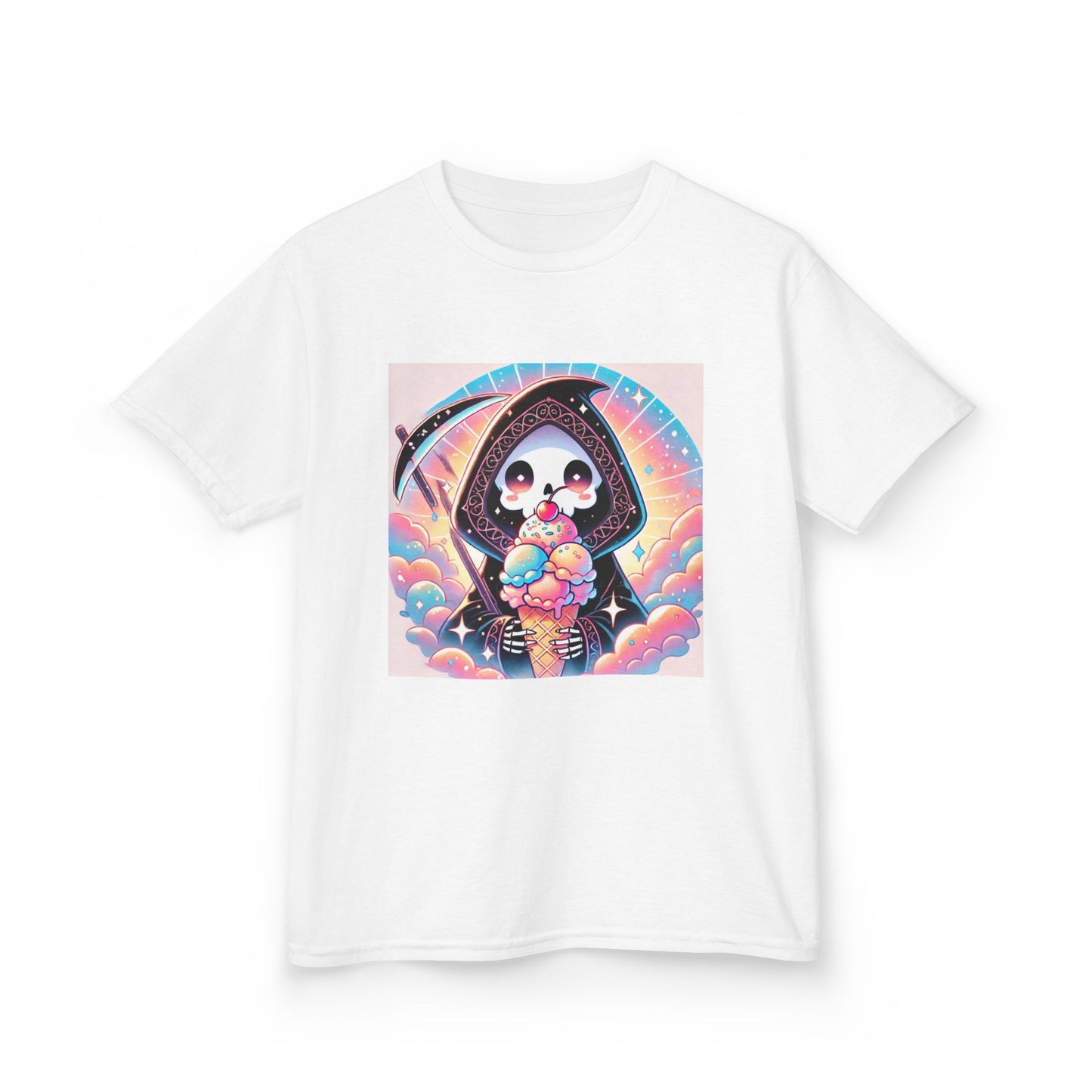 Grim Reaper Ice Cream Kawaii Anime Kids Short Sleeve Tee - Cute & Stylish Graphic T-Shirt - Fun Gift for Boys Girls!