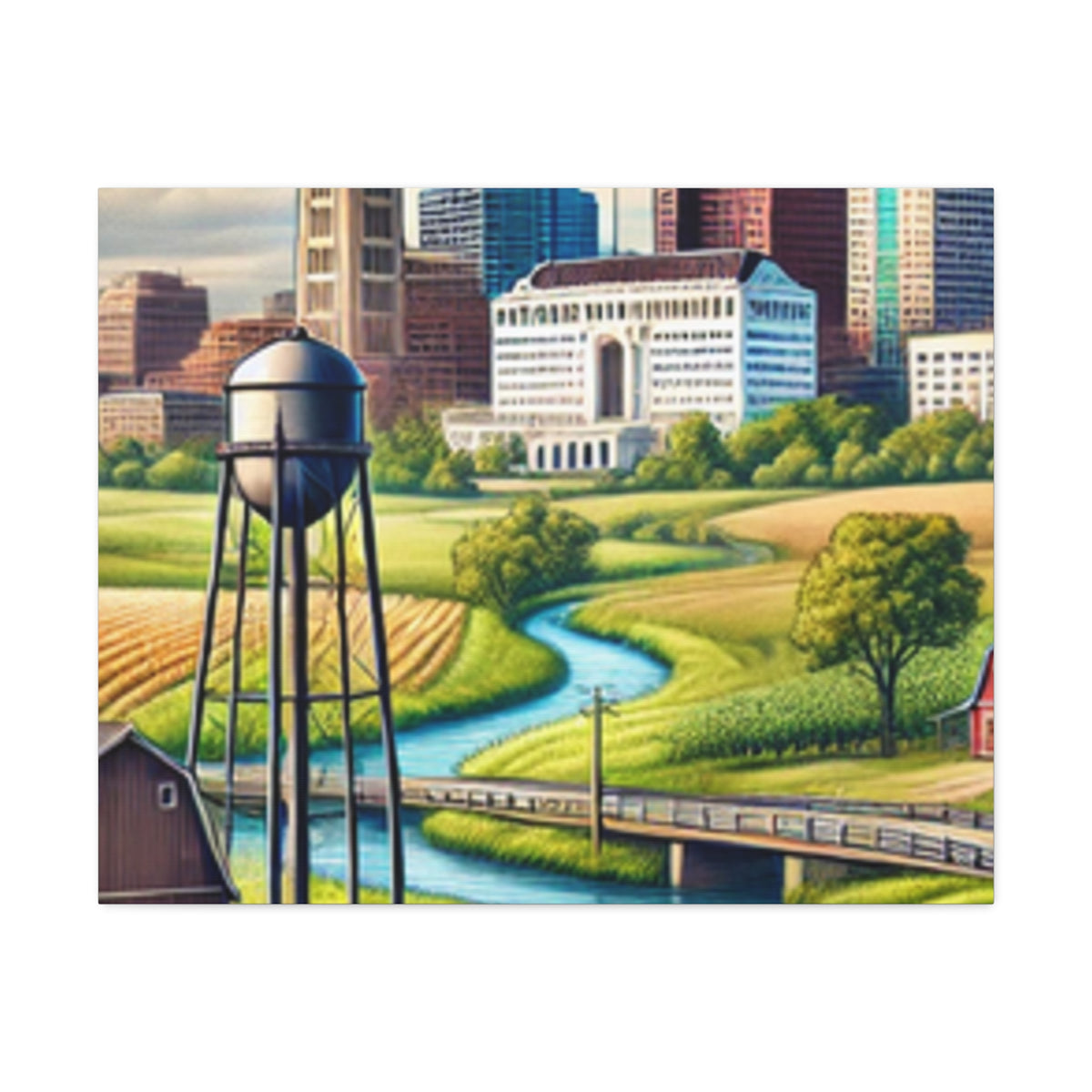 Rural River City Skyline Hometown Landscape Canvas Wall Art