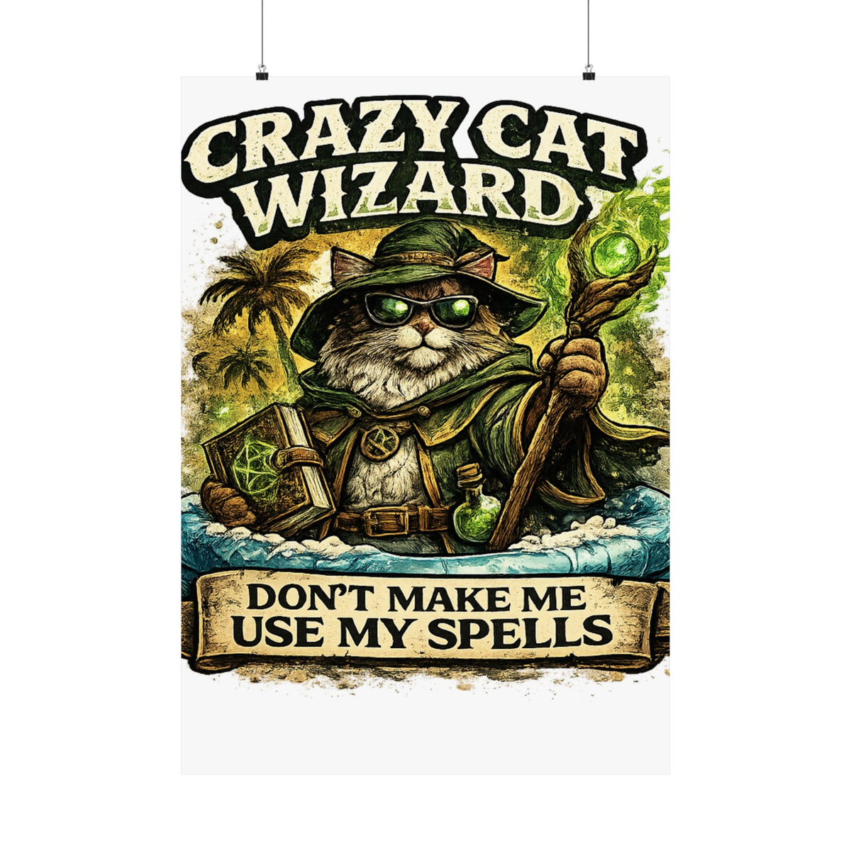 Crazy Cat Wizard Funny Fantasy Magic Art Poster