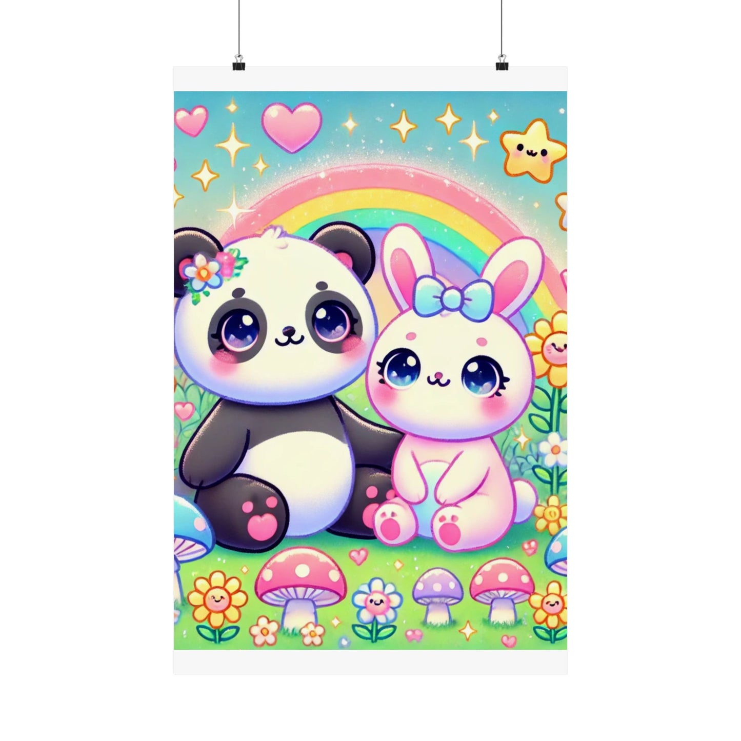 Pastel Panda and Bunny Rainbow Garden Wall Art Poster