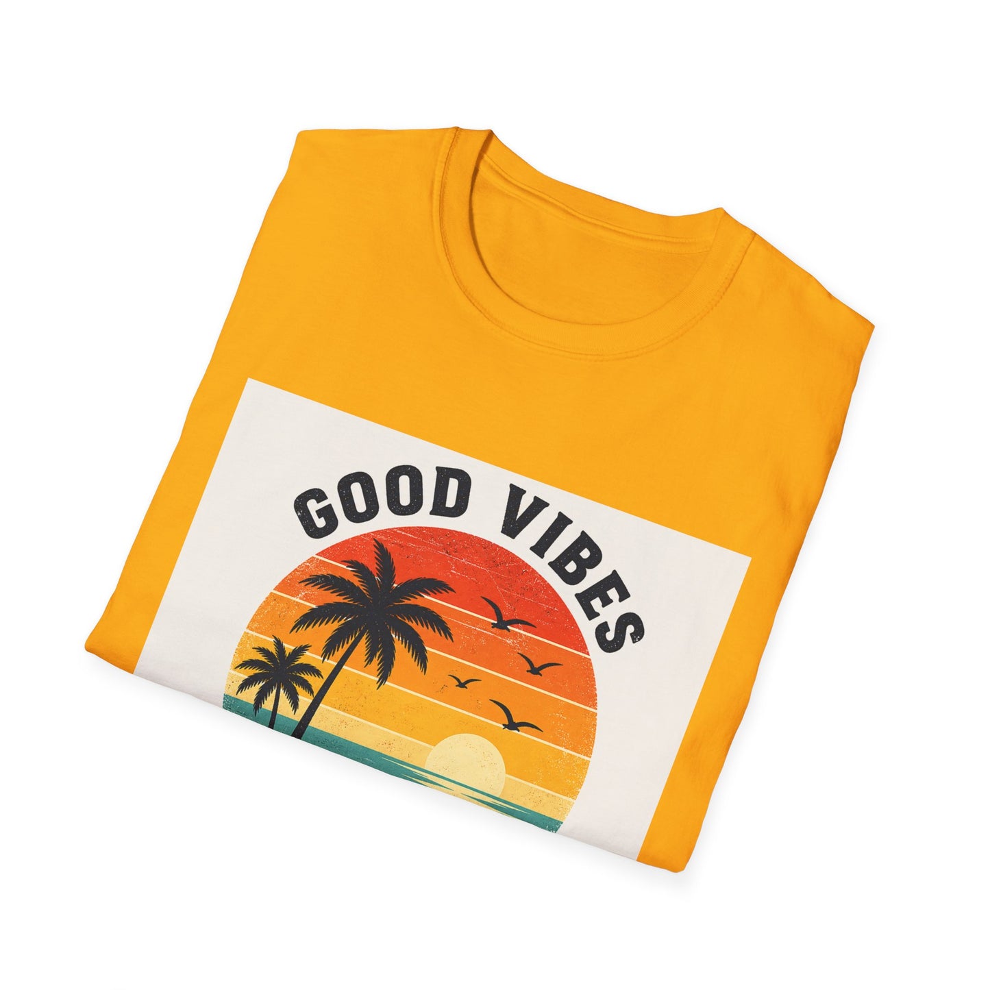 Good Vibes High Tides T-Shirt | Retro Sunset Palm Beach Design