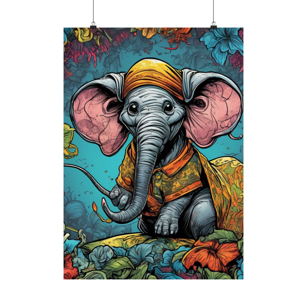 Colorful Storybook Elephant Floral Garden Wall Art Poster