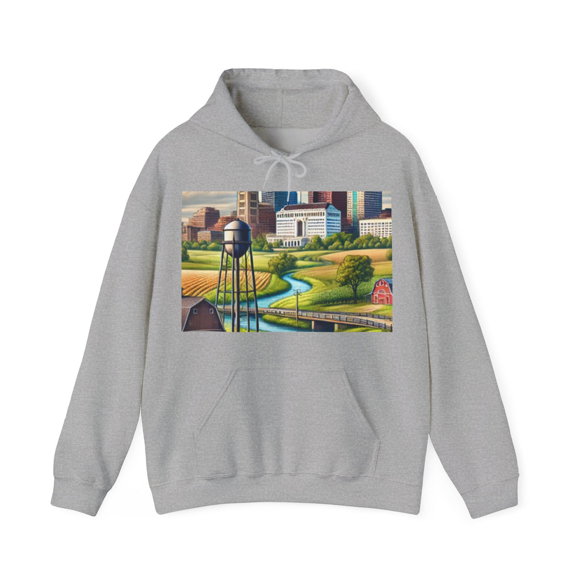 Rural River City Skyline Hometown Landscape Cozy Hoodie