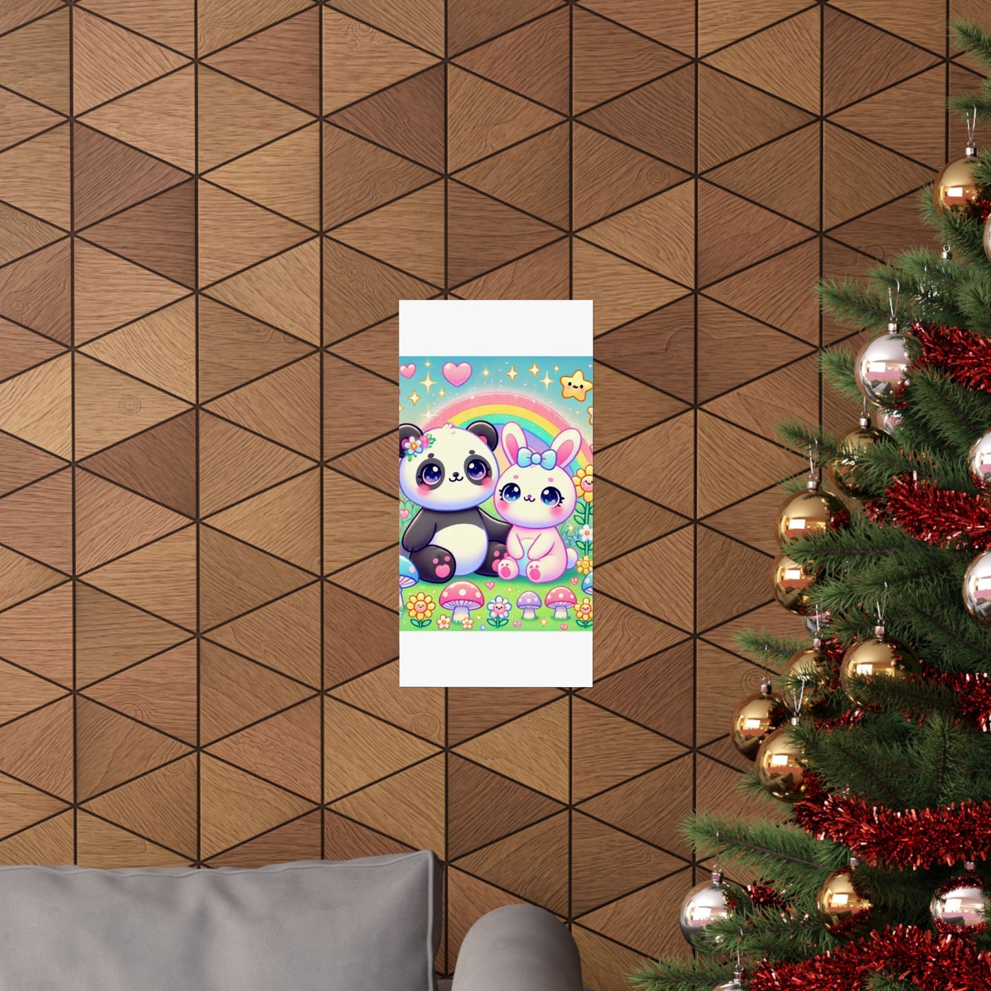 Pastel Panda and Bunny Rainbow Garden Wall Art Poster