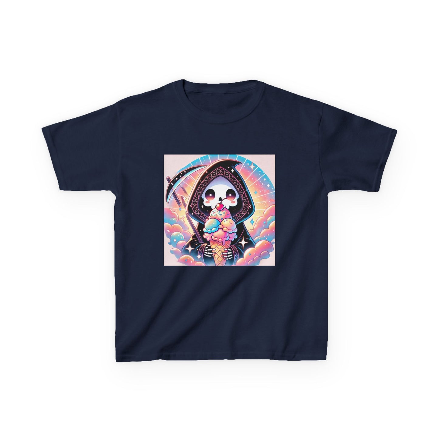 Grim Reaper Ice Cream Kawaii Anime Kids Short Sleeve Tee - Cute & Stylish Graphic T-Shirt - Fun Gift for Boys Girls!