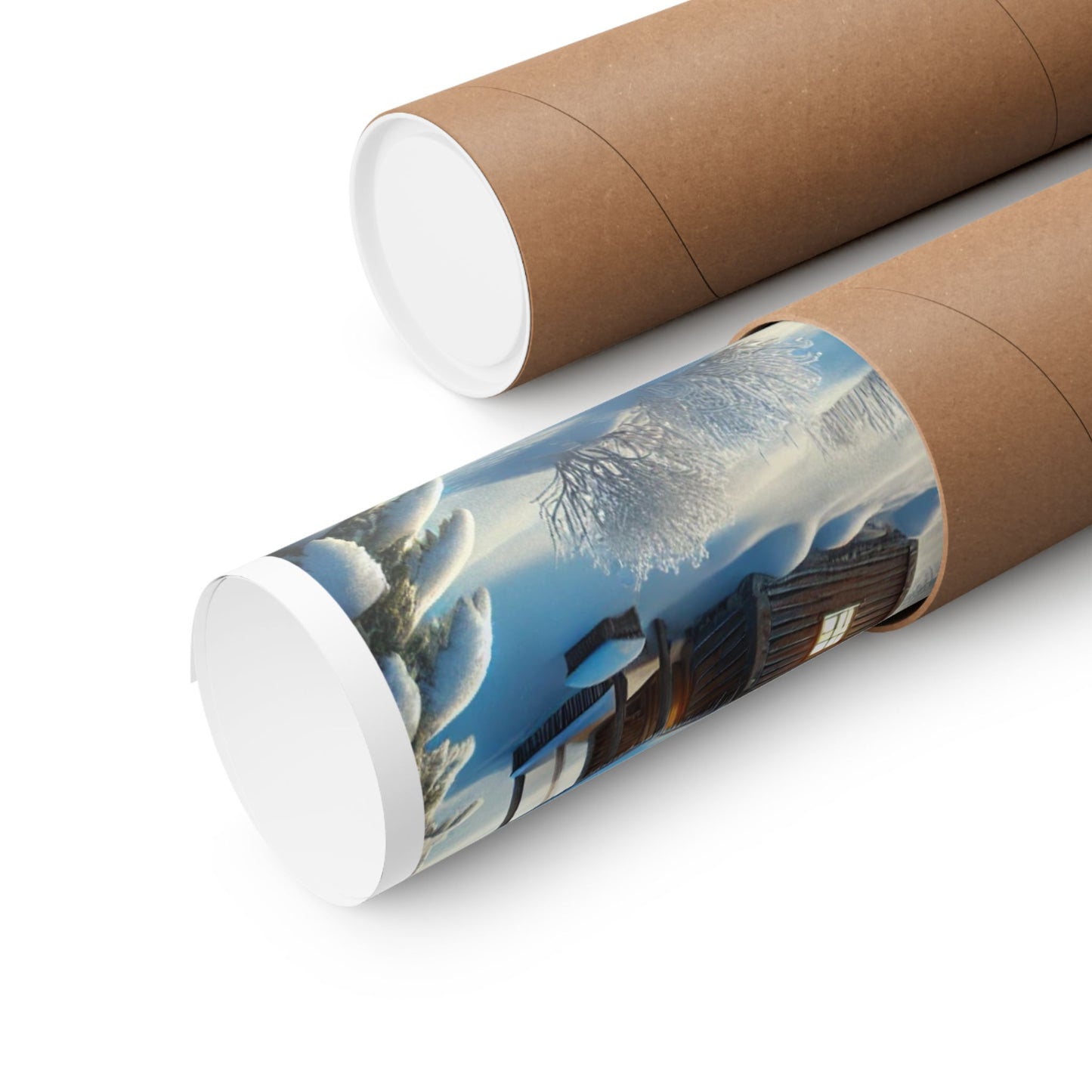 Snowy Cabin Winter Lake Landscape Art Poster