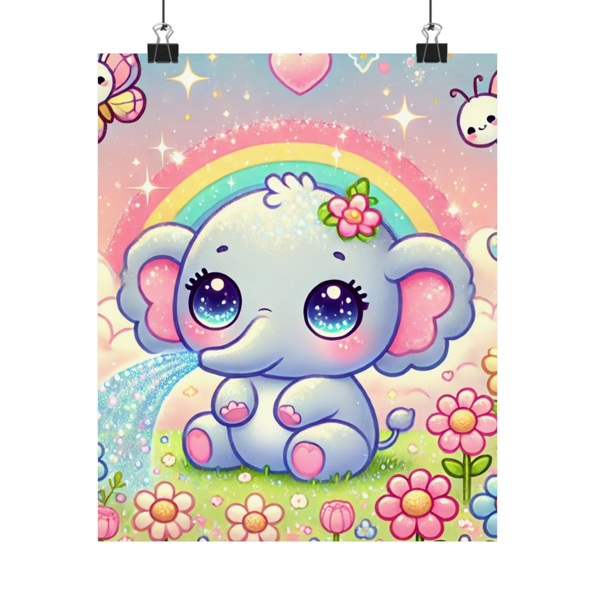 Pastel Rainbow Baby Elephant Floral Wall Art Poster