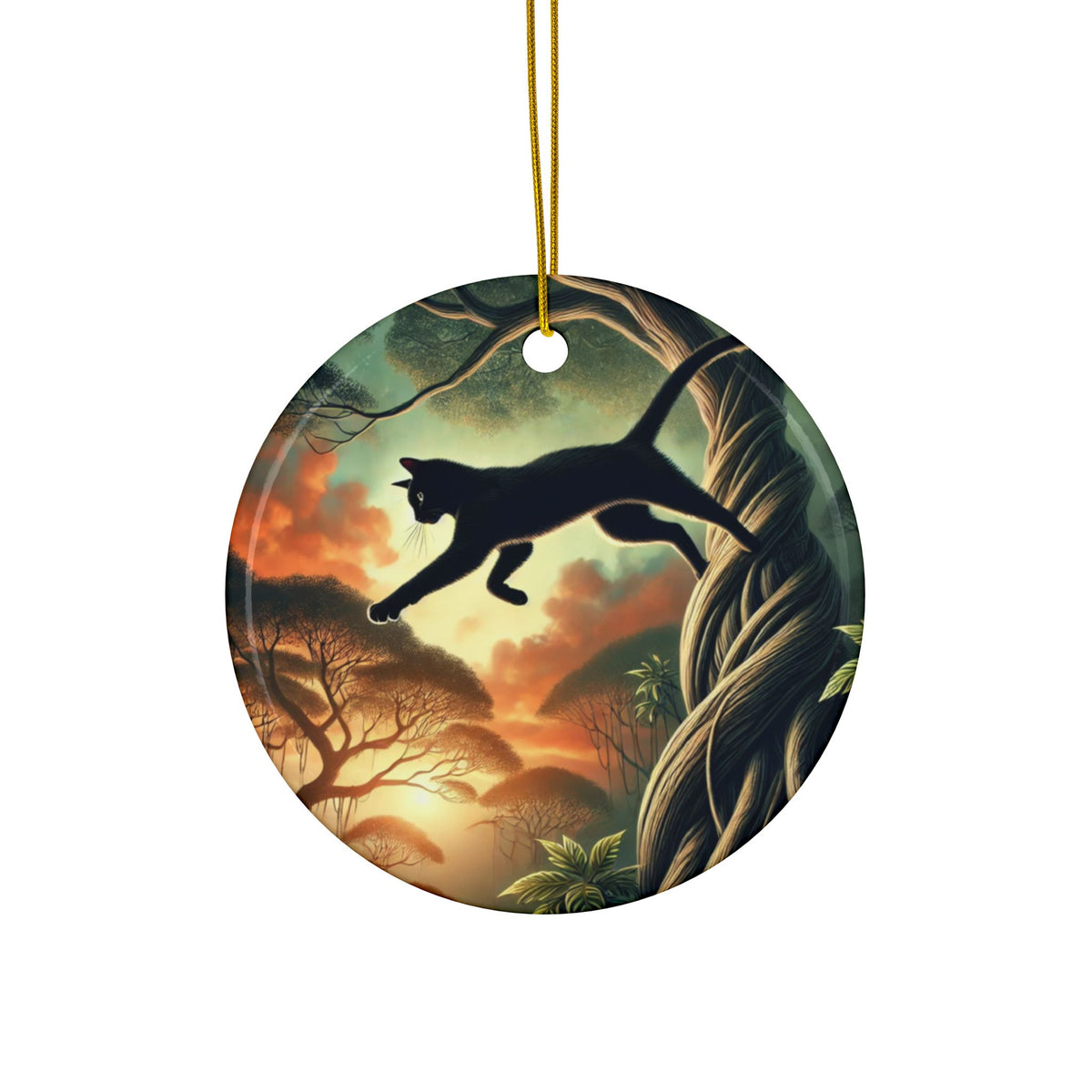 Enchanted Black Cat Forest Ceramic Ornament, Holiday Keepsake and Gift