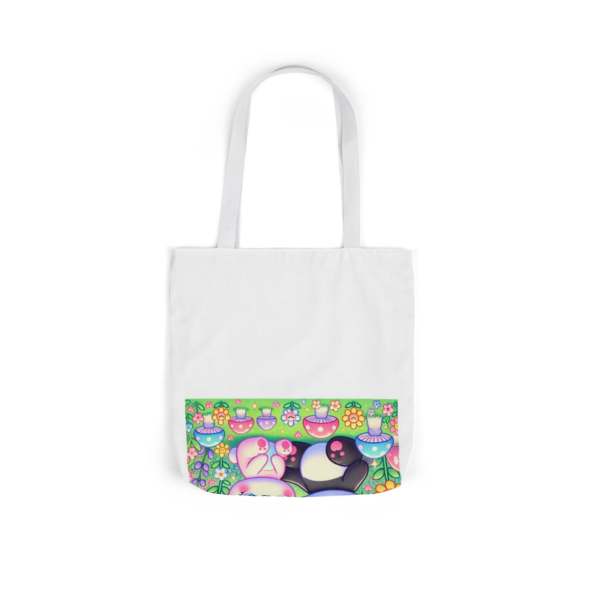 Pastel Panda and Bunny Rainbow Garden Canvas Tote Bag