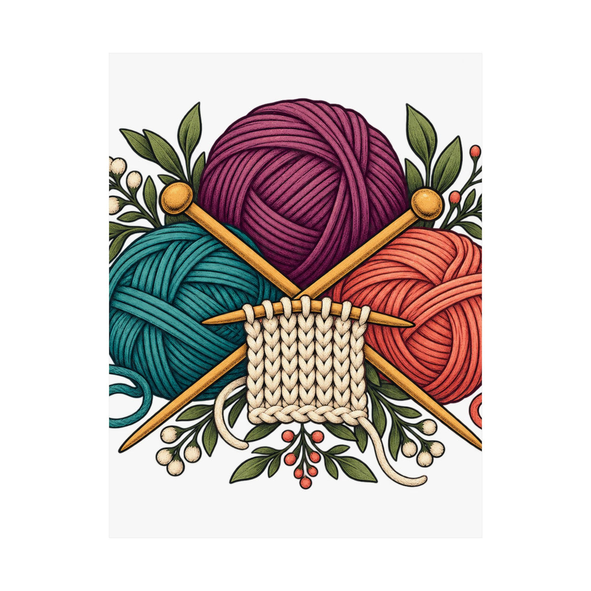 Retro Yarn and Knitting Botanical Art Poster