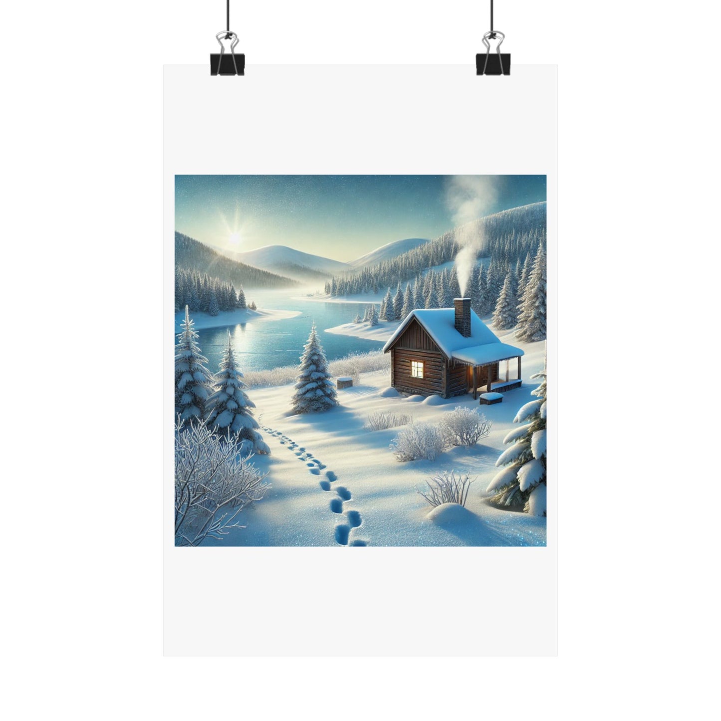 Snowy Cabin Winter Lake Landscape Art Poster