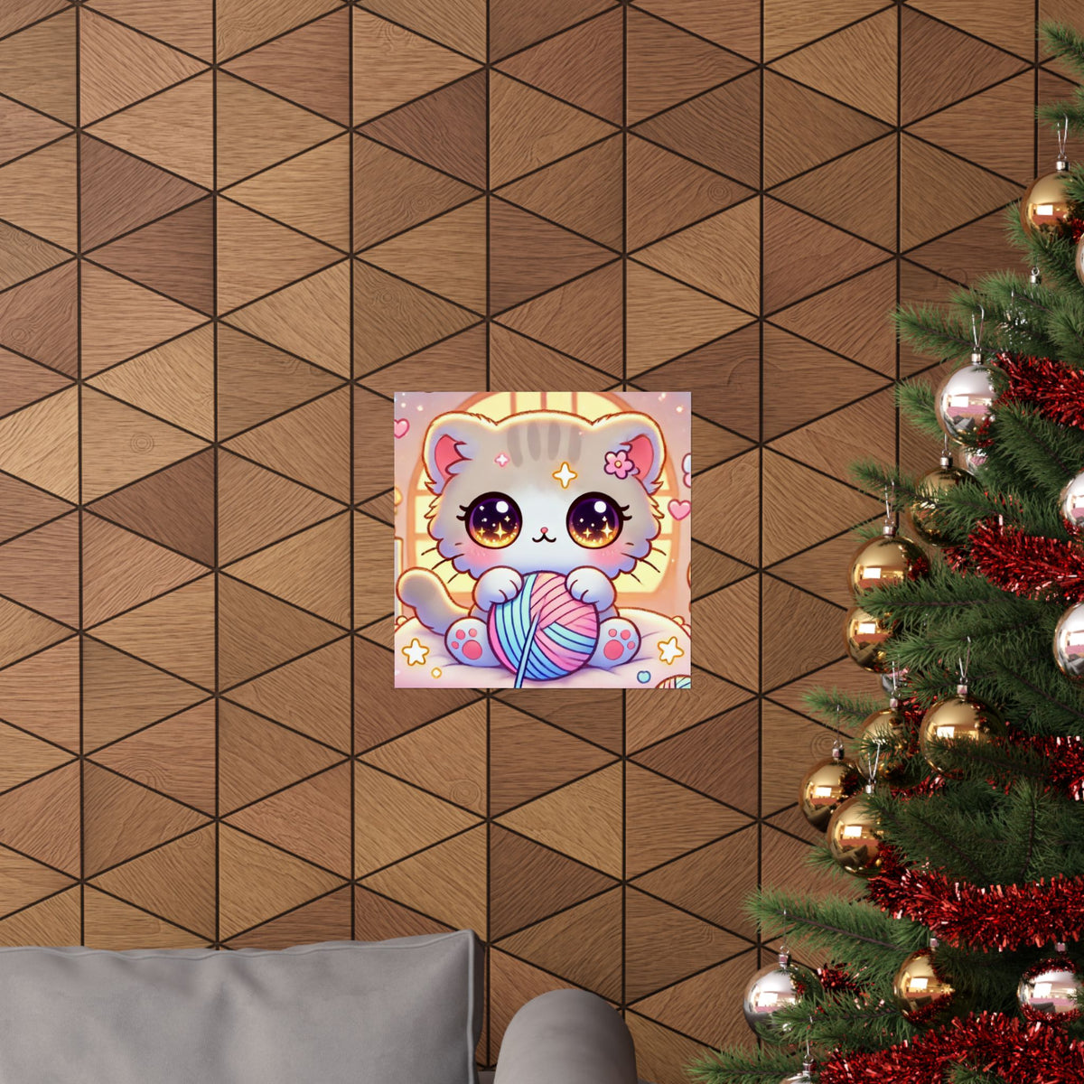 Cozy Kawaii Knitting Cat Pastel Yarn Wall Art Poster