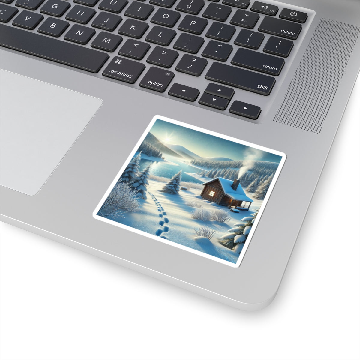 Snowy Cabin Winter Lake Landscape Art Sticker