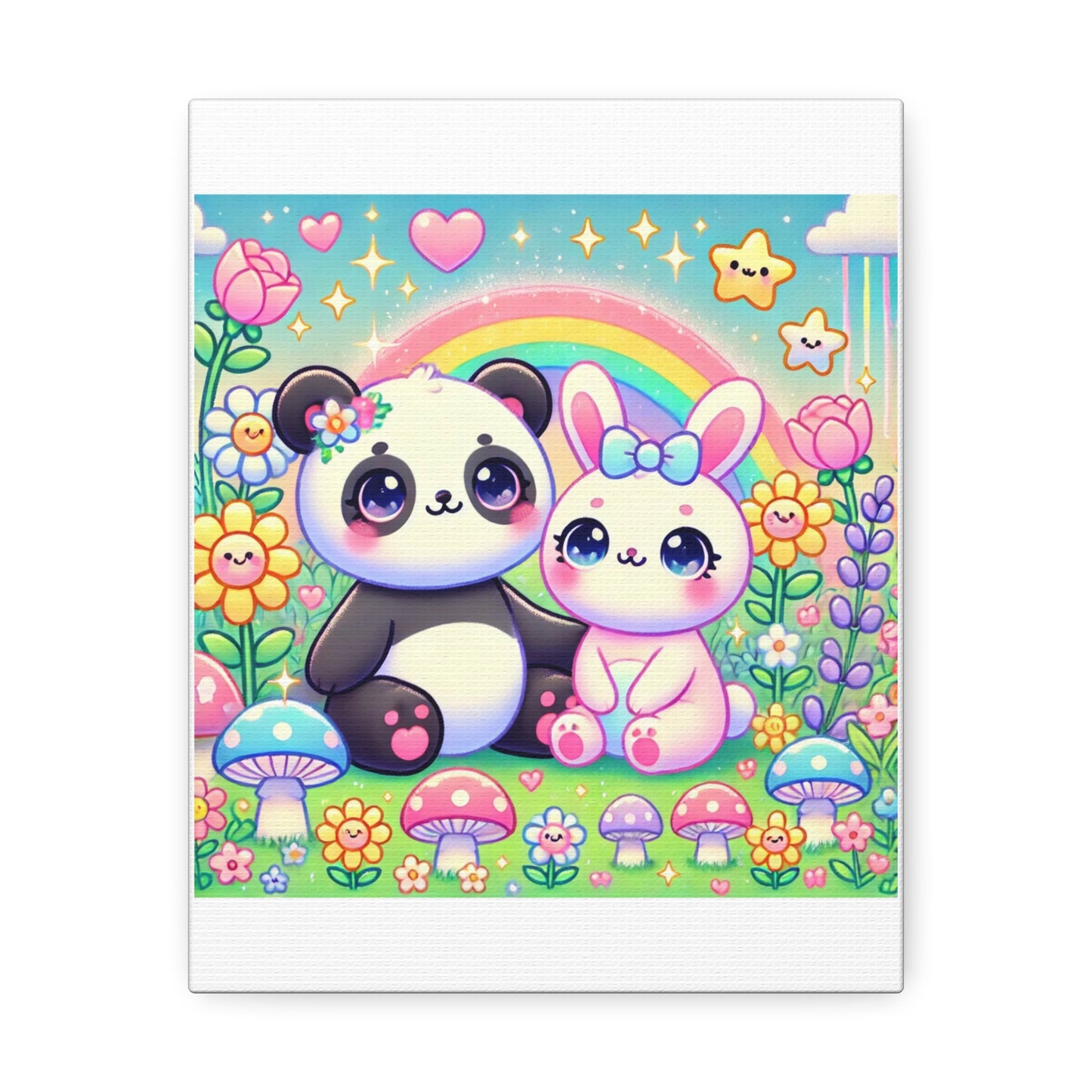 Pastel Panda and Bunny Rainbow Garden Canvas Wall Art