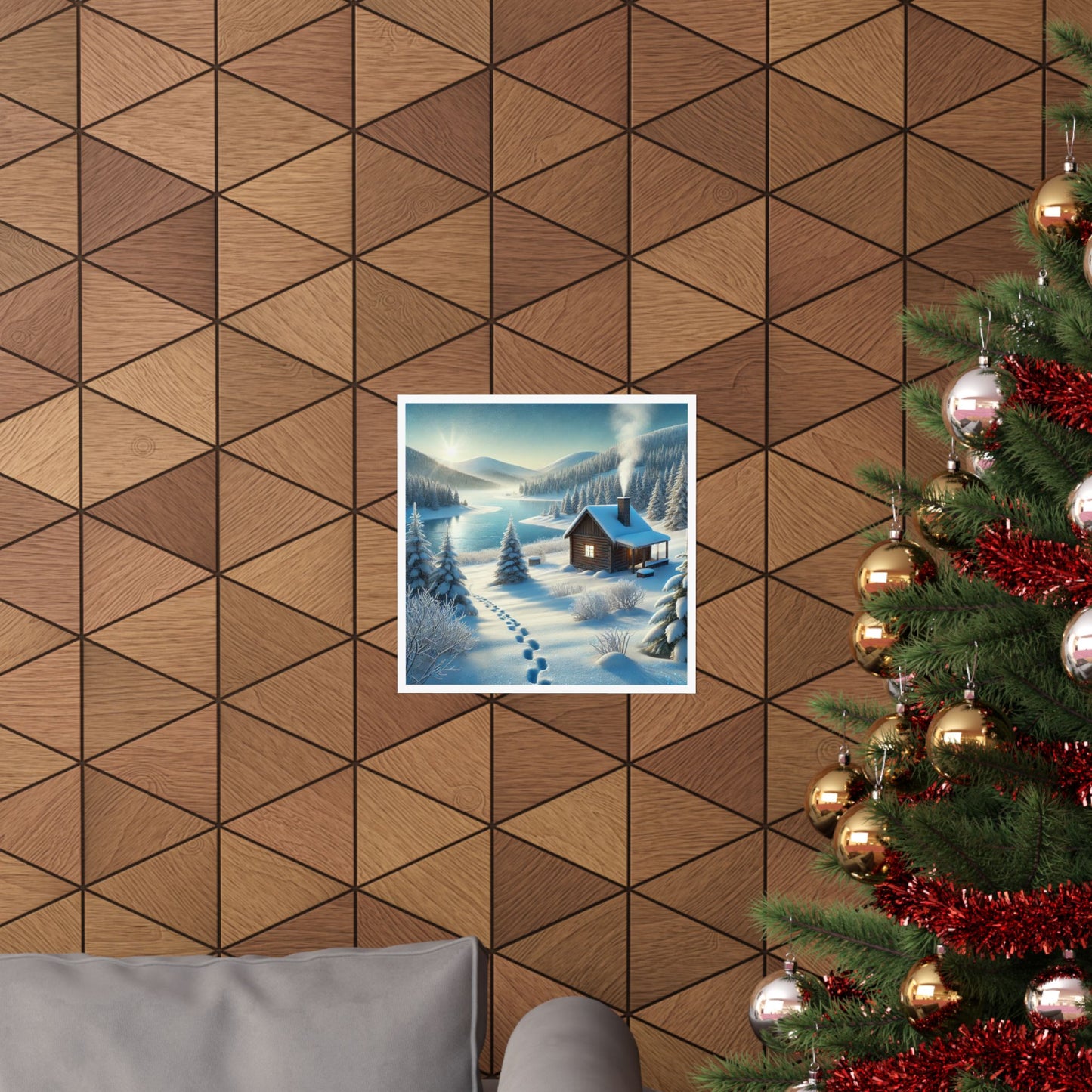 Snowy Cabin Winter Lake Landscape Art Poster