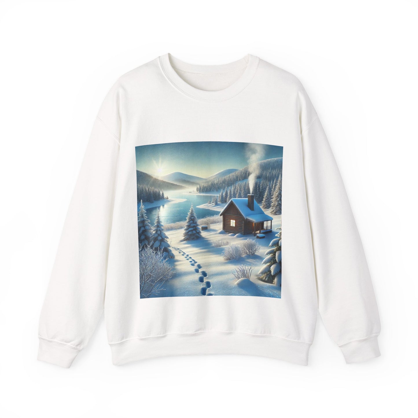 Snowy Cabin Winter Lake Landscape Art Sweatshirt