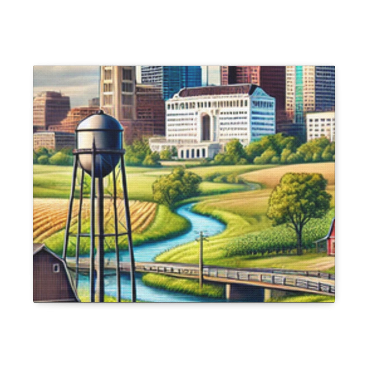 Rural River City Skyline Hometown Landscape Canvas Wall Art