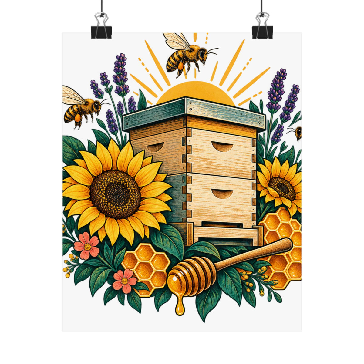 Retro Beehive Sunflowers and Pollinator Garden Art Poster