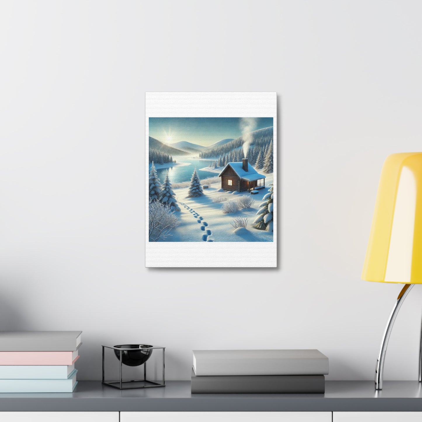 Snowy Cabin Winter Lake Landscape Art Canvas