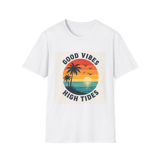 Good Vibes High Tides T-Shirt | Retro Sunset Palm Beach Design