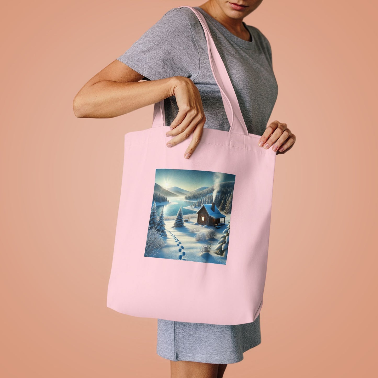 Snowy Cabin Winter Lake Landscape Art Tote Bag