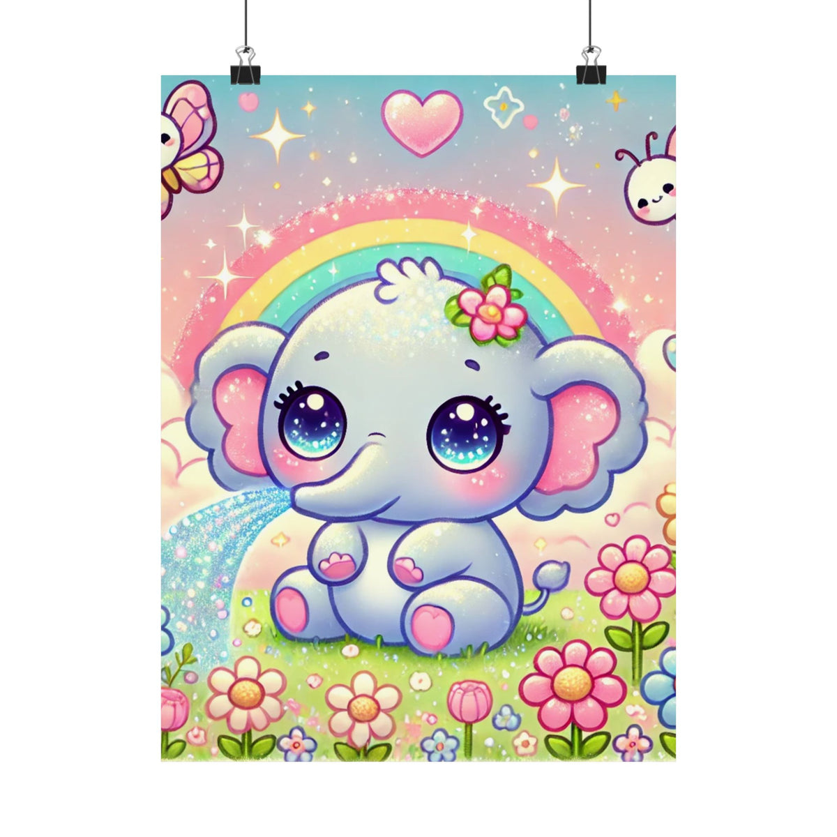 Pastel Rainbow Baby Elephant Floral Wall Art Poster