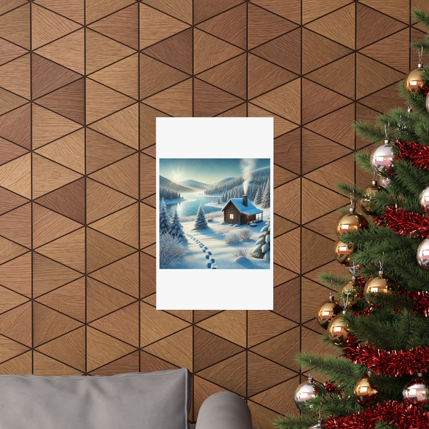 Snowy Cabin Winter Lake Landscape Art Poster