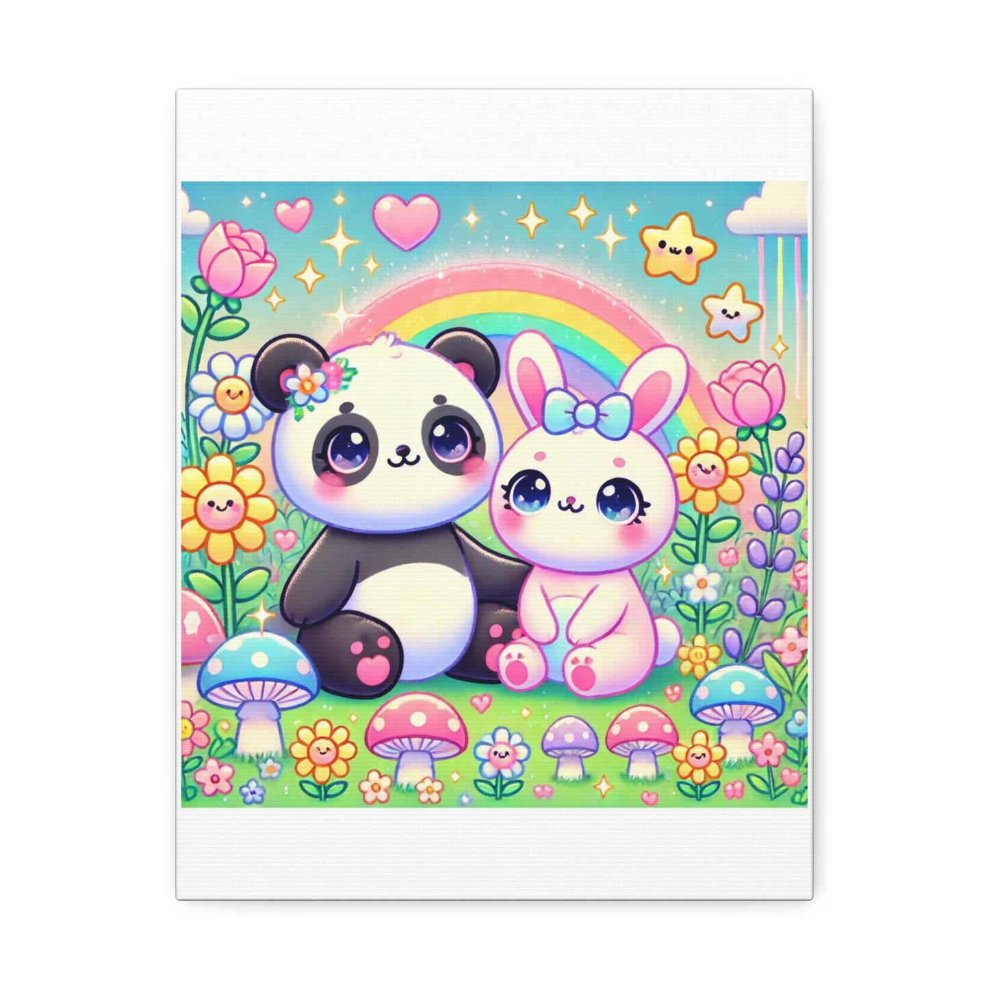 Pastel Panda and Bunny Rainbow Garden Canvas Wall Art