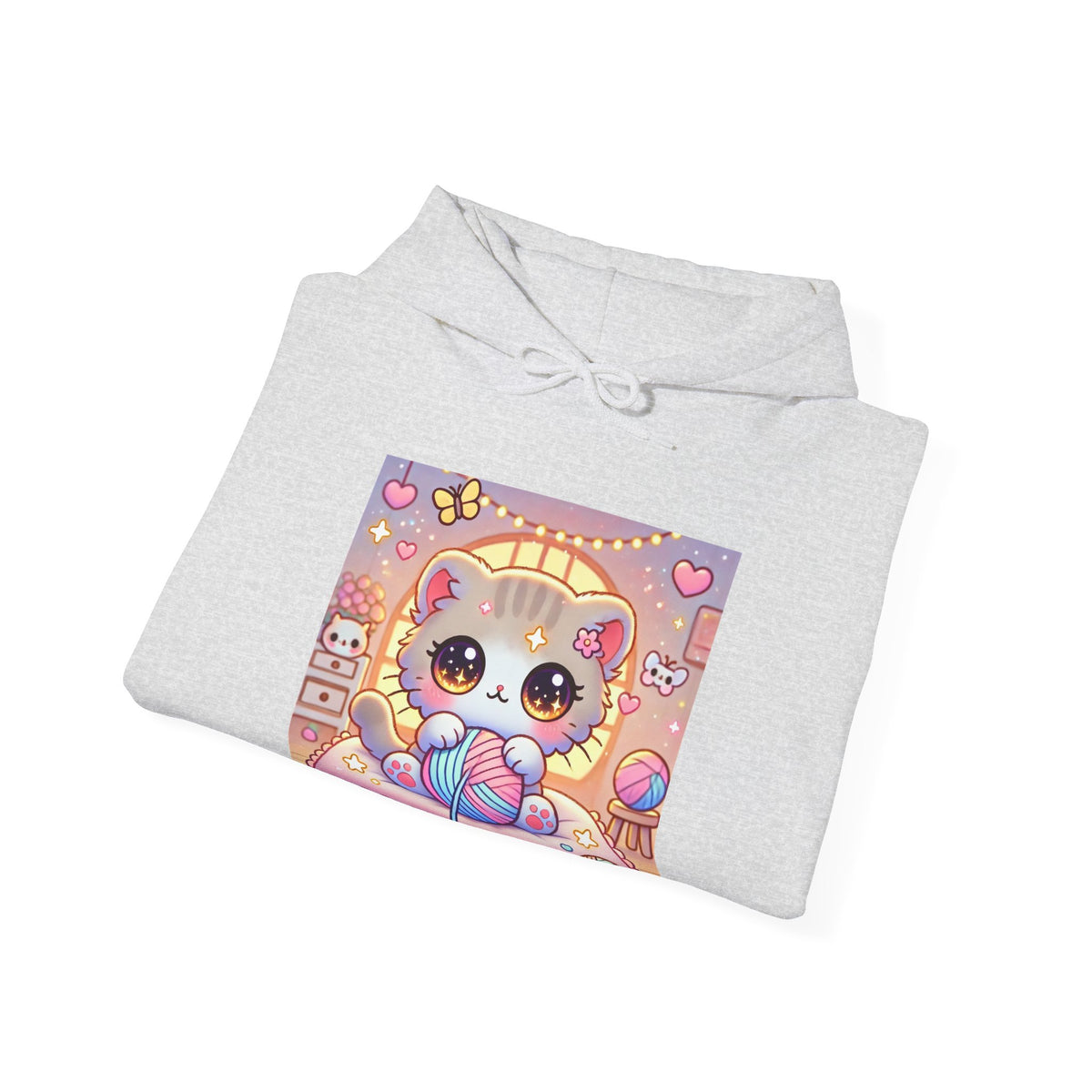 Cozy Kawaii Knitting Cat Pastel Yarn Hoodie