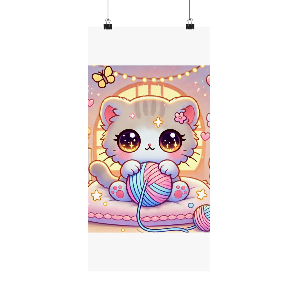 Cozy Kawaii Knitting Cat Pastel Yarn Wall Art Poster