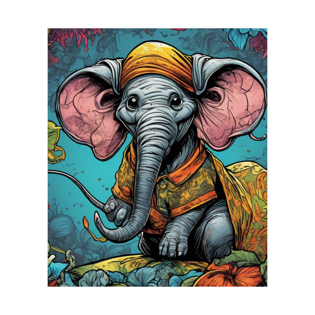 Colorful Storybook Elephant Floral Garden Wall Art Poster