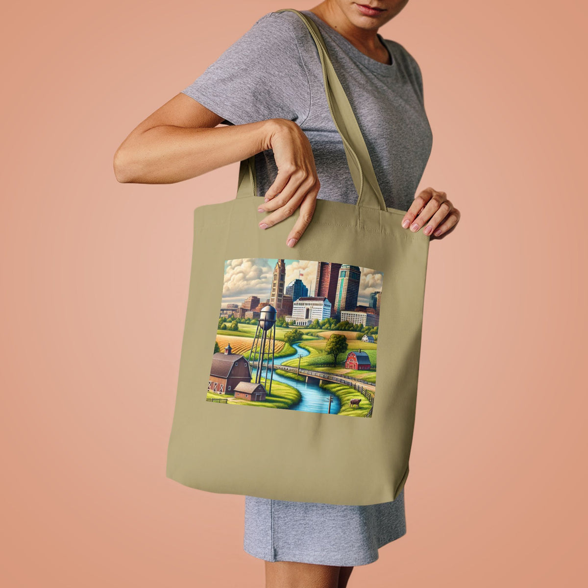 Rural River City Skyline Hometown Landscape Tote Bag