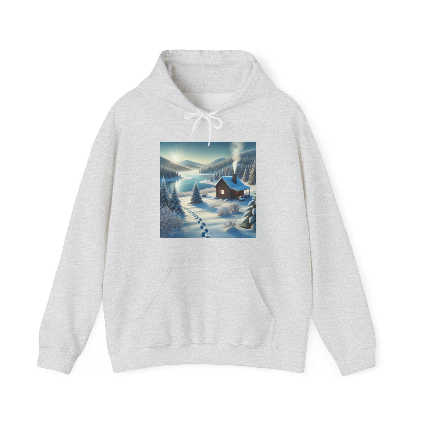 Snowy Cabin Winter Lake Landscape Art Hoodie