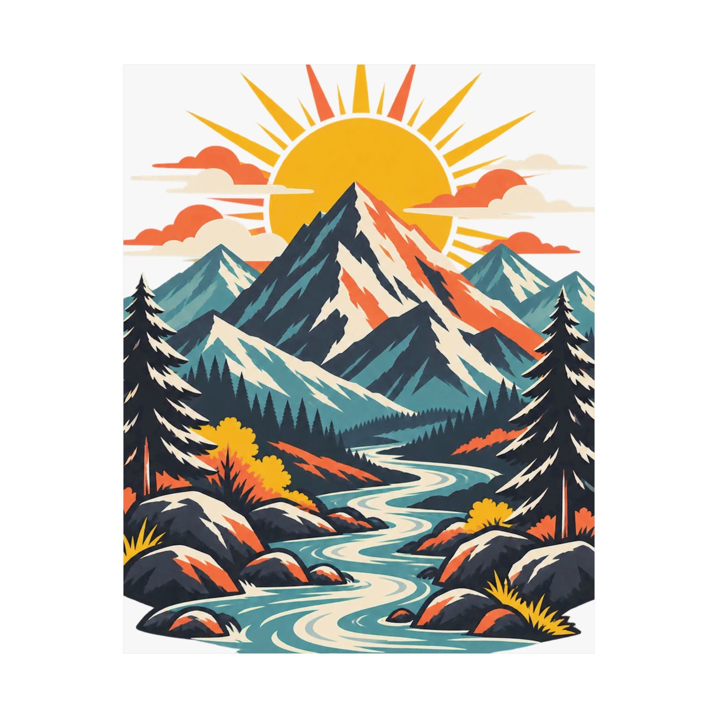 Alpine Sunrise River Mountain Adventure Art Poster