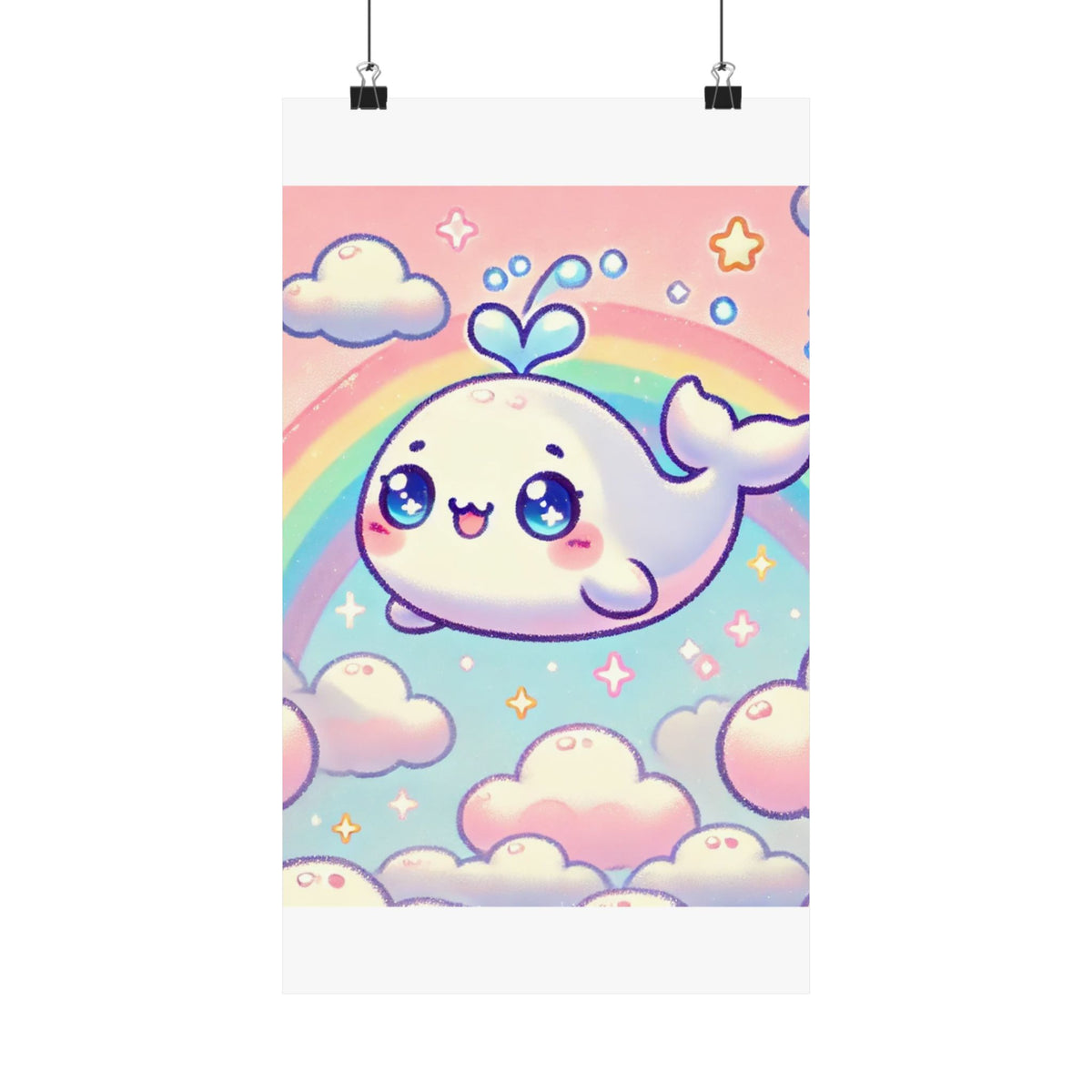Kawaii Rainbow Whale Pastel Cloud Wall Art Poster
