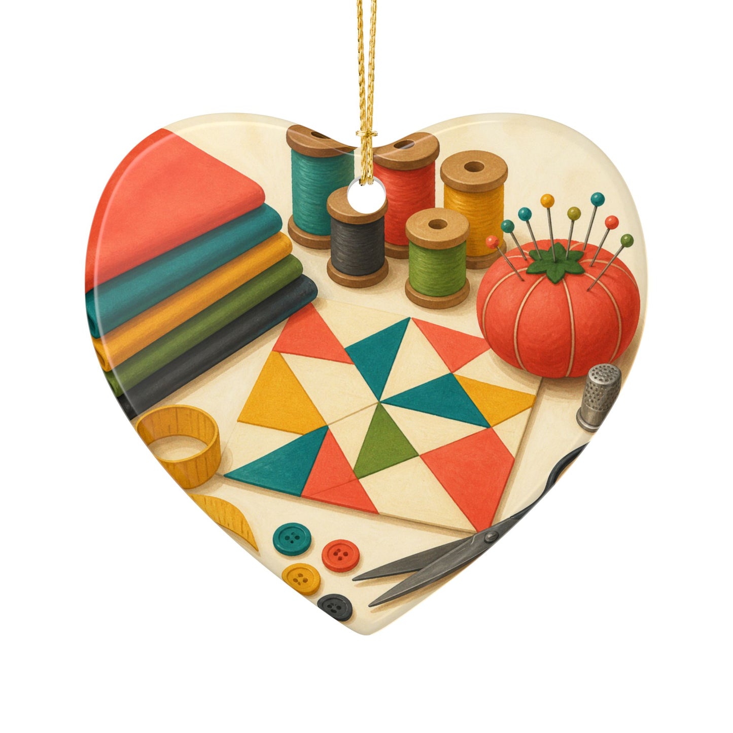 Colorful Sewing and Quilting Hobby Art Ceramic Ornament, Holiday Keepsake and Gi