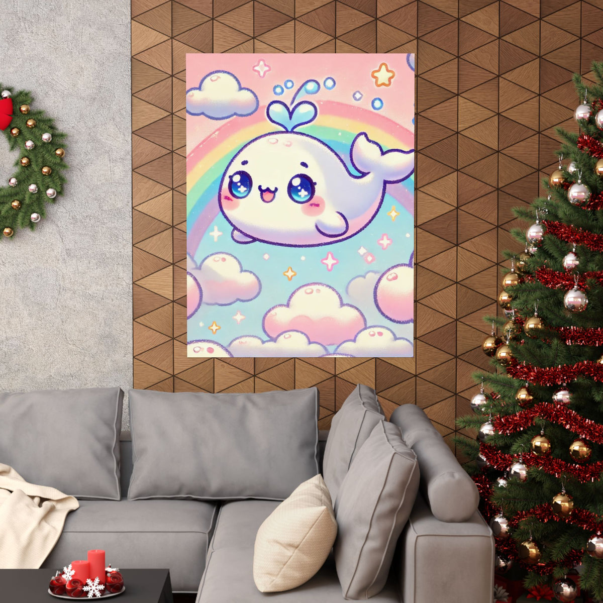 Kawaii Rainbow Whale Pastel Cloud Wall Art Poster