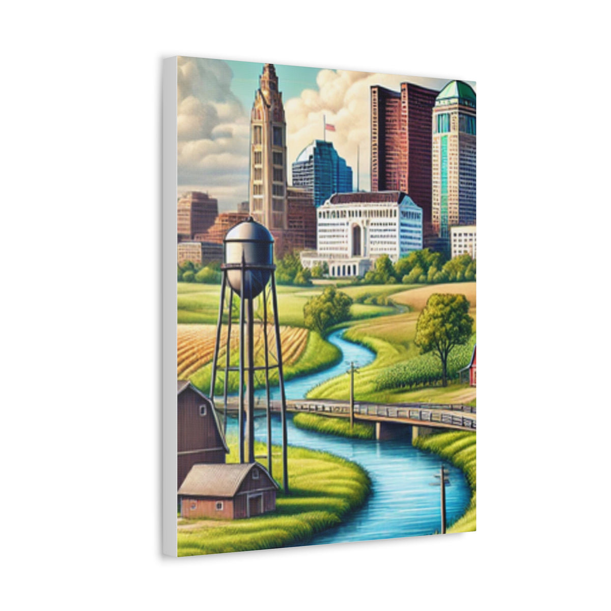 Rural River City Skyline Hometown Landscape Canvas Wall Art