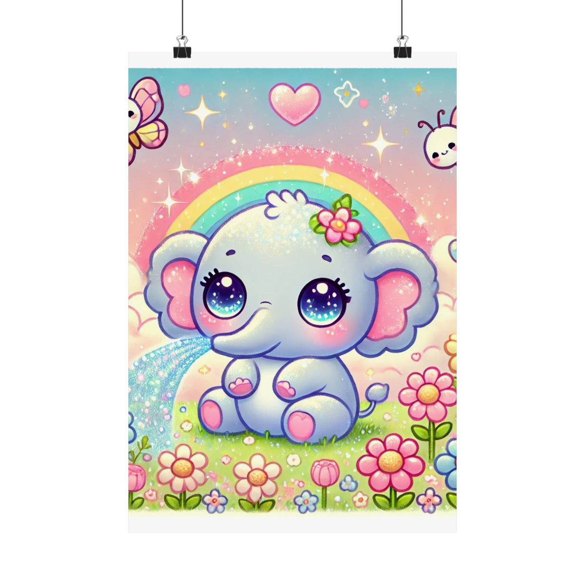 Pastel Rainbow Baby Elephant Floral Wall Art Poster