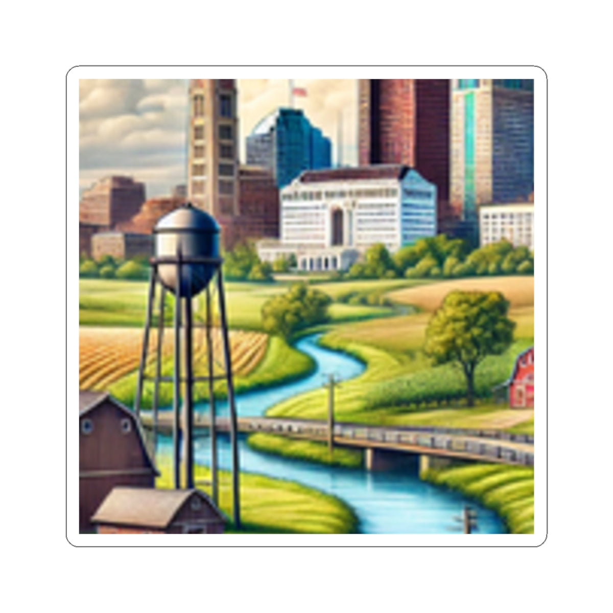 Rural River City Skyline Hometown Landscape Sticker